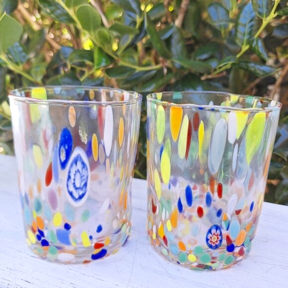 2 Murano Drinking Glasses Millefiori Glass Cups Tumblers Made Italy Millefiori - Picture 3 of 16